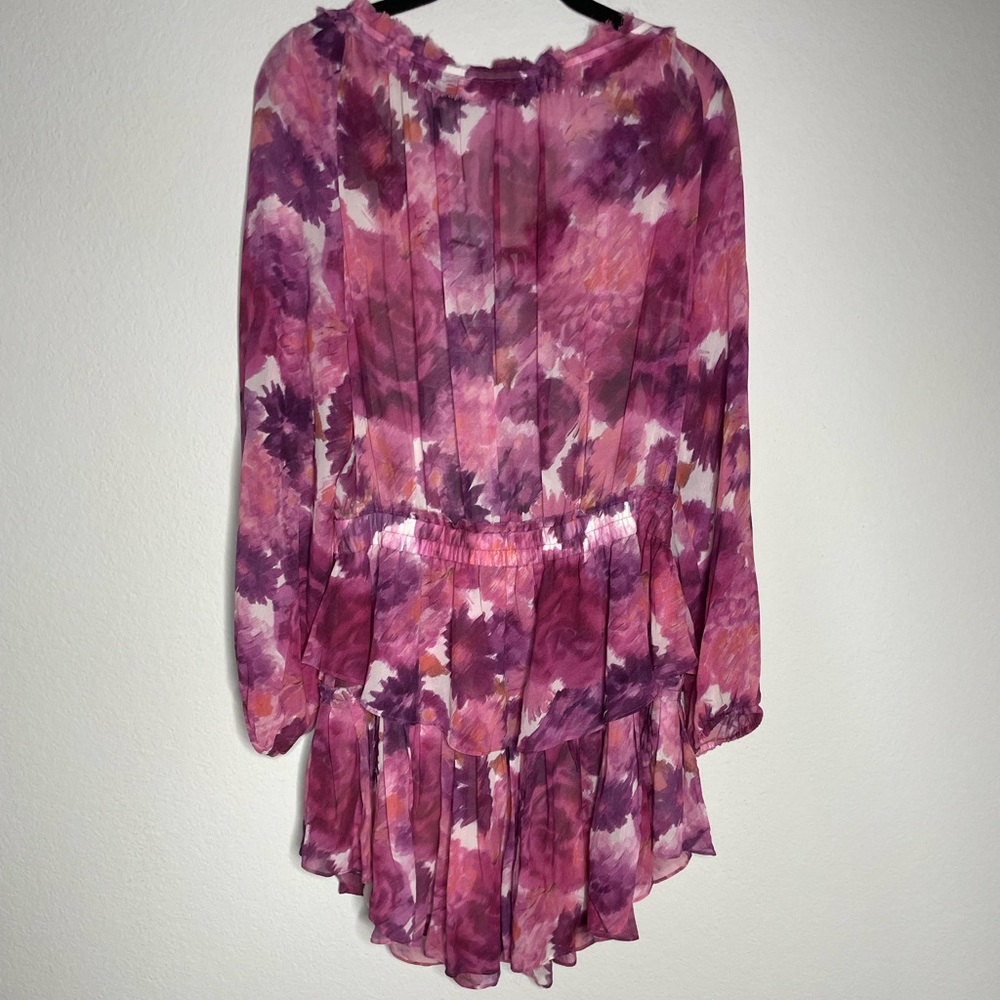LOVESHACKFANCY Ruffled Popover Pink Purple Floral Silk Mini Dress L - Picture 9 of 12